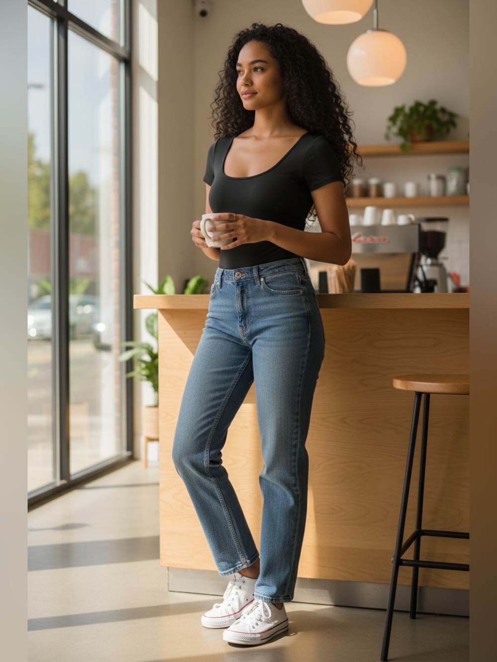 A. Gain Scoop Neck Short Sleeve Bodysuit in Black - Women's Basic